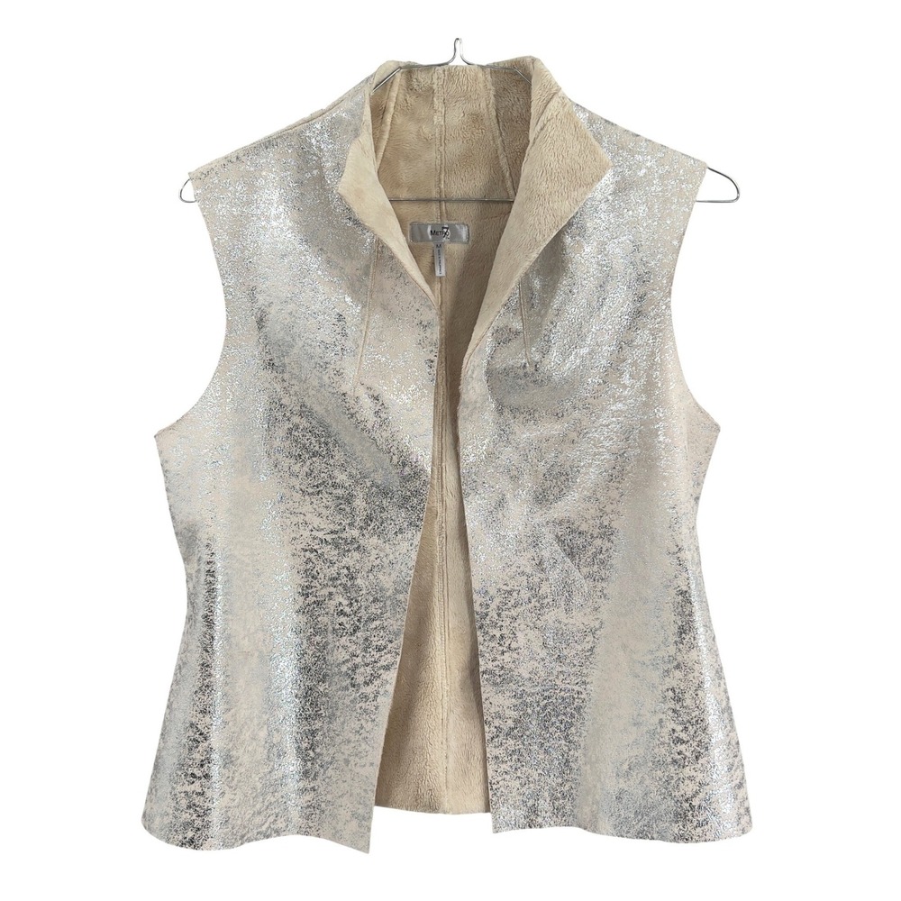 Women's Metallic Silver Faux Fur‎ Lined Open Front Vest Rave Festival Layer M